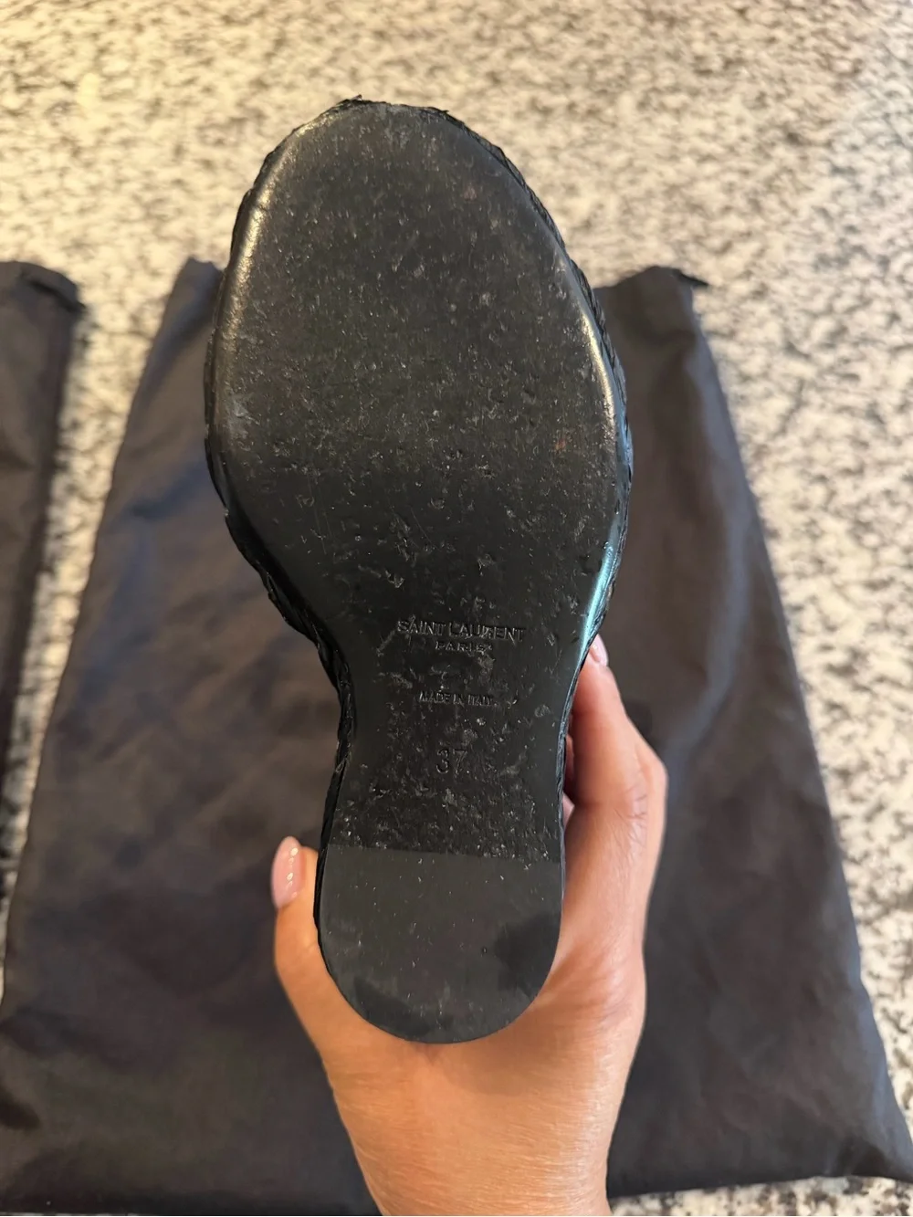 Saint Laurent Black Leather YSL Logo Espadrille Wedges